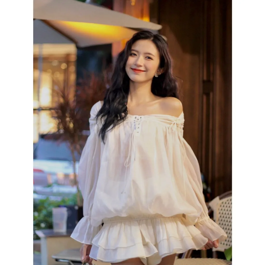 Ảnh Áo kem organza trễ eo bẹt vai MOLLYNISTA cao cấp thanh lịch quyến rũ 4