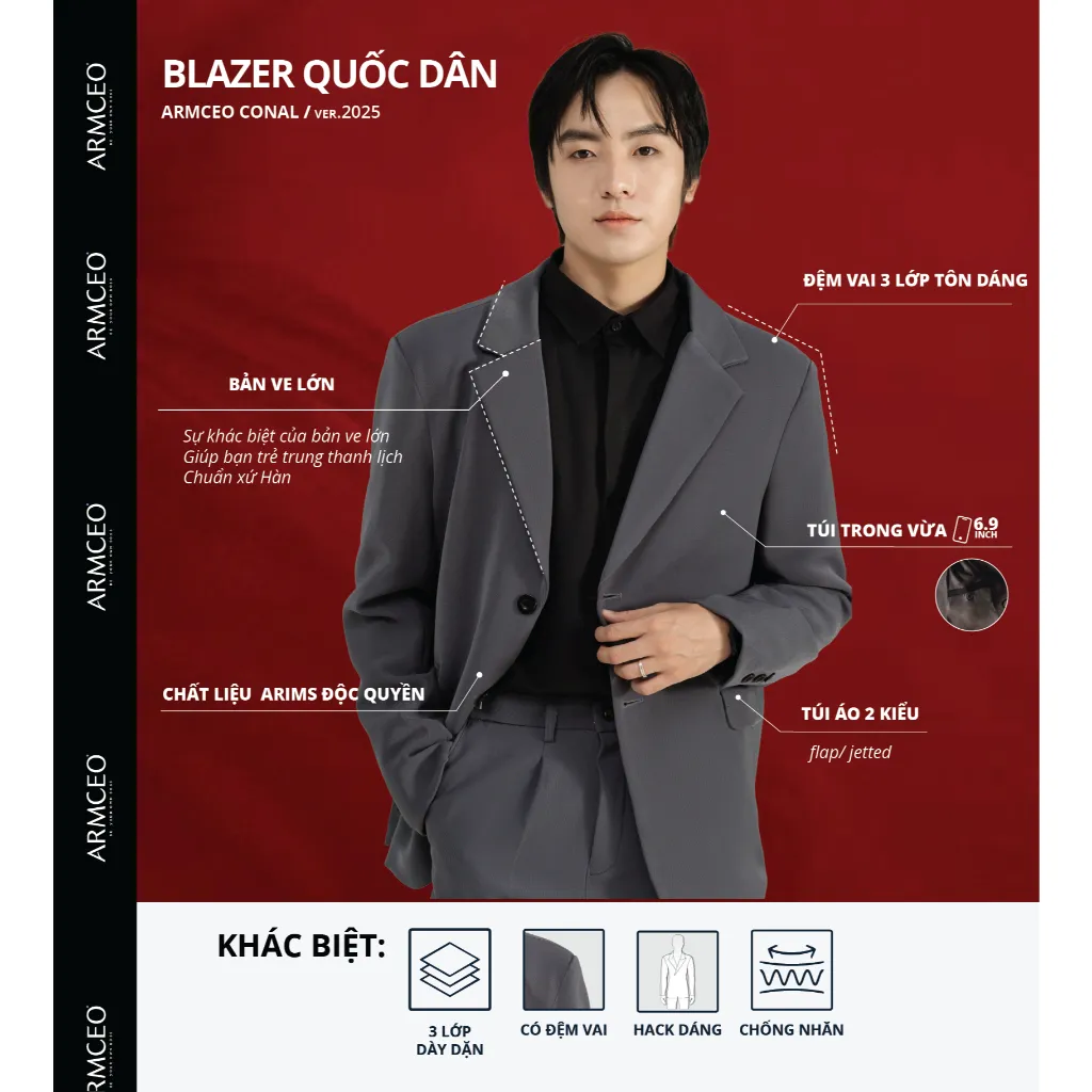 Ảnh Áo khoác blazer nam quốc dân ARMCEO Conal 3 lớp có đệm vai cao cấp chất liệu Arims độc quyền dày dặn -B01 2