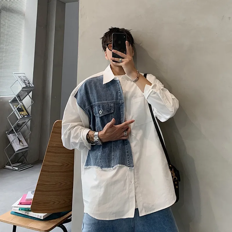 Ảnh Áo khoác denim khâu màu tương phản dáng rộng phong cách retro dành cho nam IELGY 2