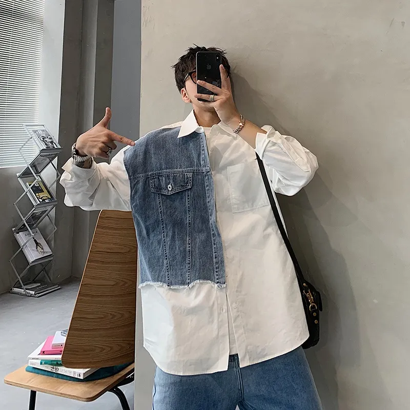 Ảnh Áo khoác denim khâu màu tương phản dáng rộng phong cách retro dành cho nam IELGY 3