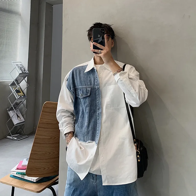 Ảnh Áo khoác denim khâu màu tương phản dáng rộng phong cách retro dành cho nam IELGY 4