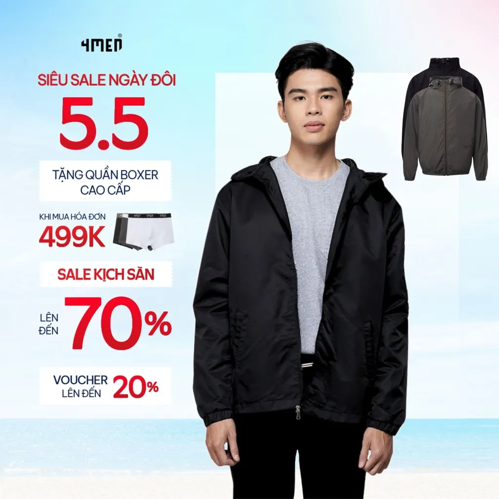 Ảnh Áo khoác dù (gió) nam có nón 4MEN AK069 vải đẹp cao cấp, may trơn 2 lớp dày vừa phải, chống thấm cản gió thoáng khí 1