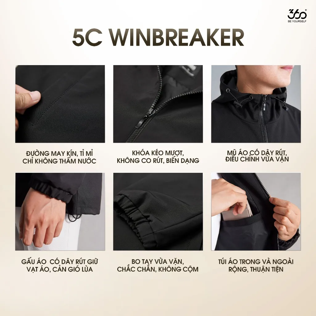 Ảnh Áo khoác gió nam nữ có mũ thương hiệu 360Boutique chống thấm nước, ấm áp 4