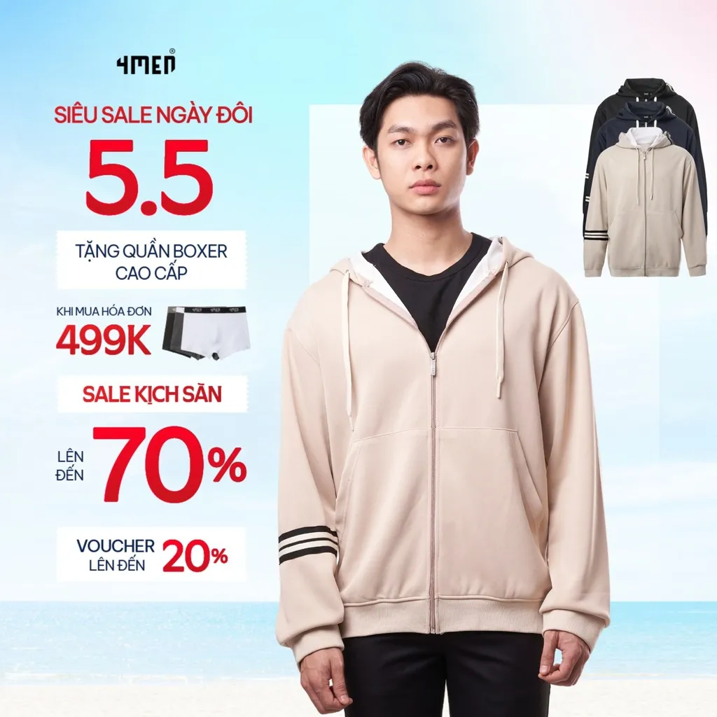 Ảnh Áo Khoác Hoodie 4MEN Phối Sọc Tay Form Regular AH006 khoá zip, vải nỉ ép, thoải mái, đi chơi, đi làm 1