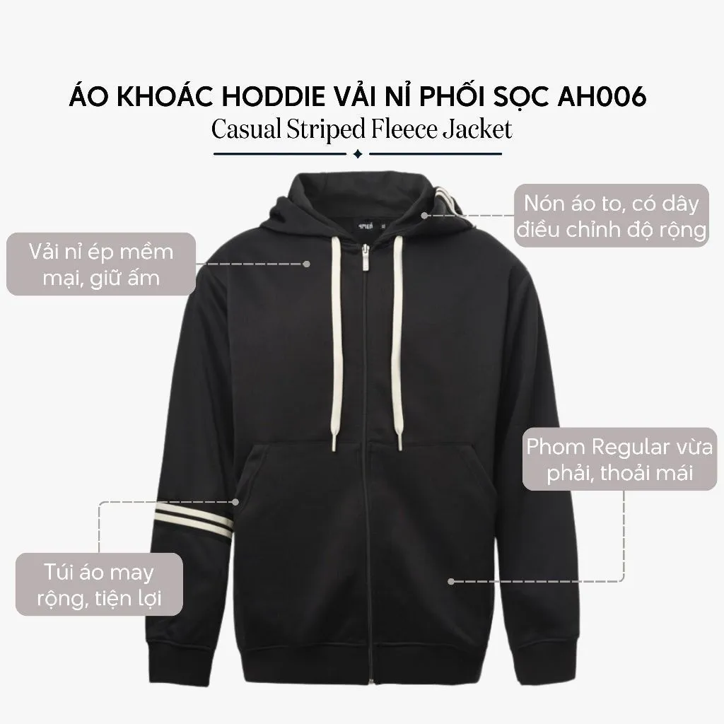 Ảnh Áo Khoác Hoodie 4MEN Phối Sọc Tay Form Regular AH006 khoá zip, vải nỉ ép, thoải mái, đi chơi, đi làm 3