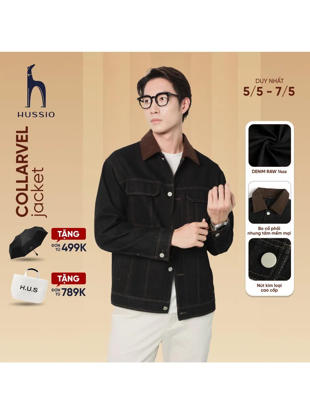 Ảnh Áo khoác jeans nam phối cổ nhung DENIM COLLARVEL dày dặn, đứng form, độ bền vải cao - HUSSIO 1