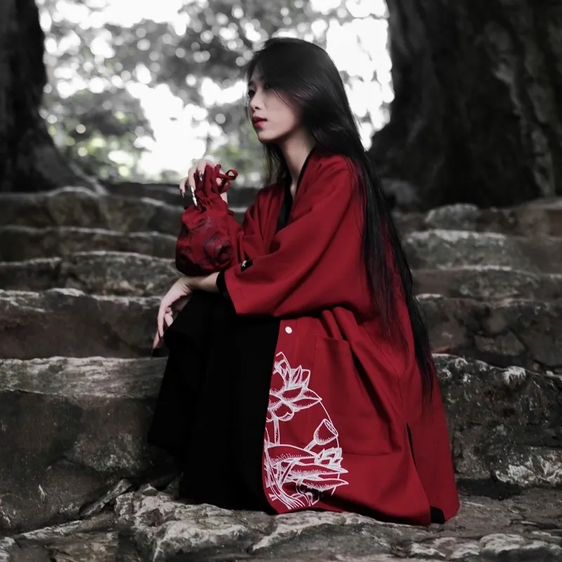 Ảnh Áo khoác kimono zune.zx dáng rộng đỏ đen phong cách nhật bản, Lotus kimono 2