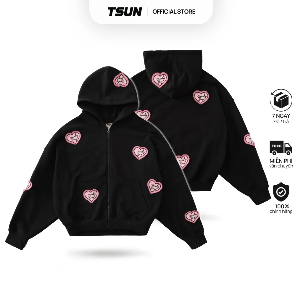 Ảnh Áo Khoác Nỉ Hoodie Zip Đen Thêu Trái Tim Brand TSUN Chính Hãng Lovely UNISEX, Oversize, Streetwear 1