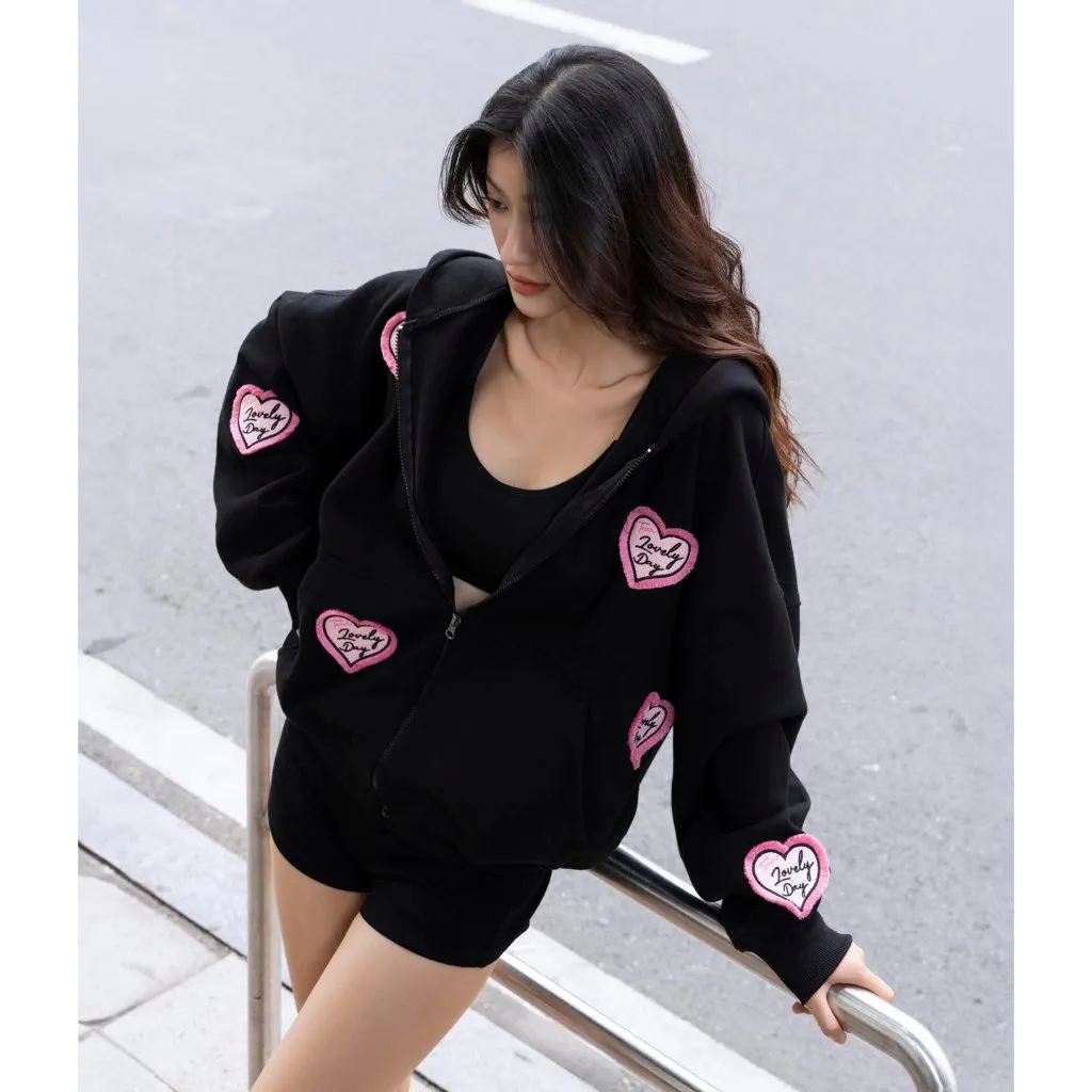 Ảnh Áo Khoác Nỉ Hoodie Zip Đen Thêu Trái Tim Brand TSUN Chính Hãng Lovely UNISEX, Oversize, Streetwear 2