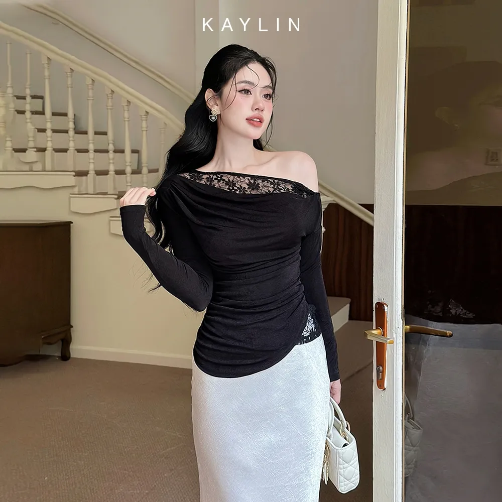 Ảnh Áo kiểu KAYLIN tay dài lệch vai phối ren chất vải lụa thun mỏng nhẹ phong cách gợi cảm - N2363 2