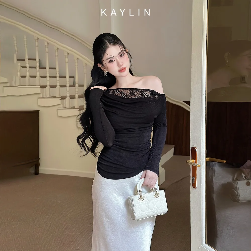 Ảnh Áo kiểu KAYLIN tay dài lệch vai phối ren chất vải lụa thun mỏng nhẹ phong cách gợi cảm - N2363 4