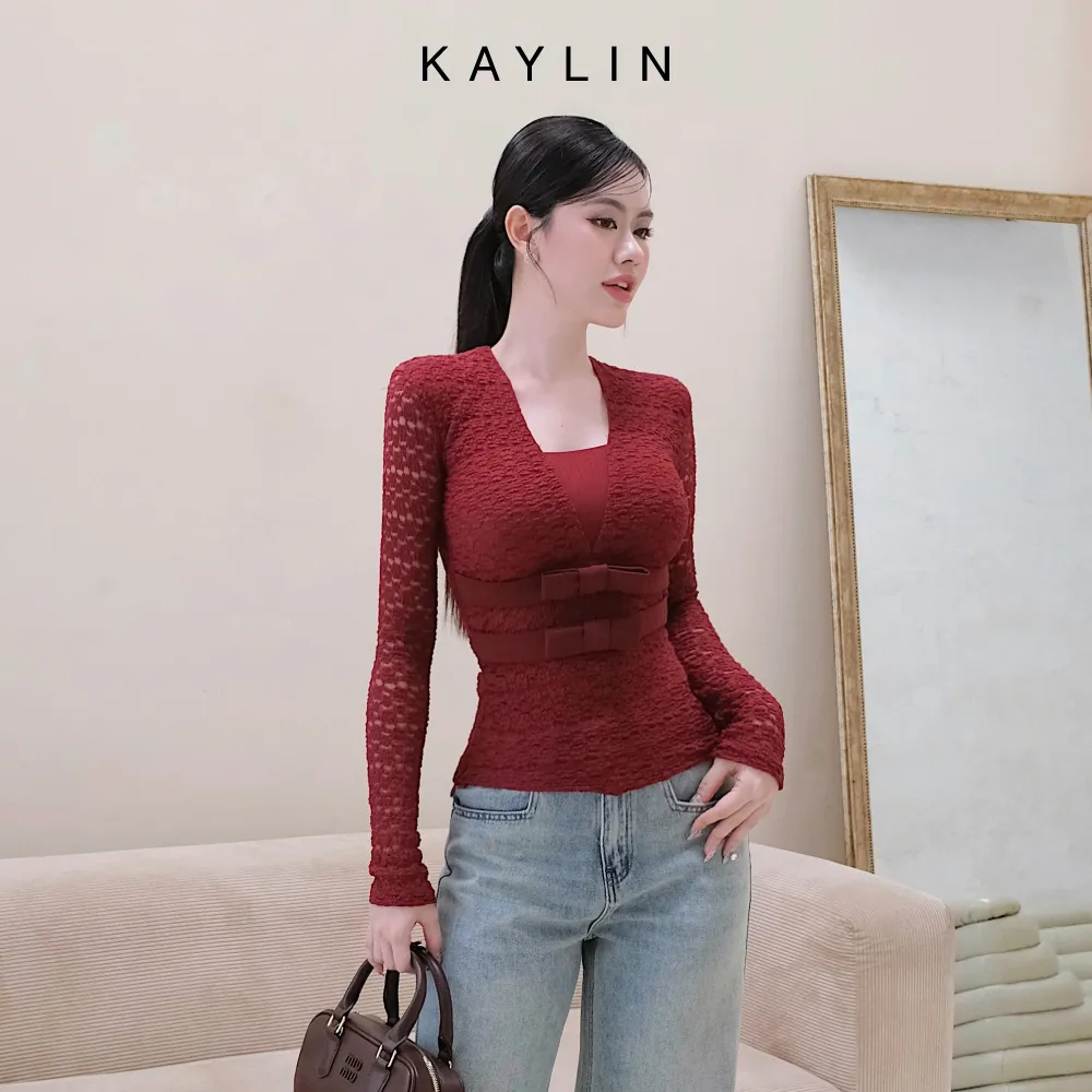 Ảnh Áo kiểu KAYLIN tay dài phối ren họa tiết hoa mai chất vải thun ren co giản phong cách - N2438 1