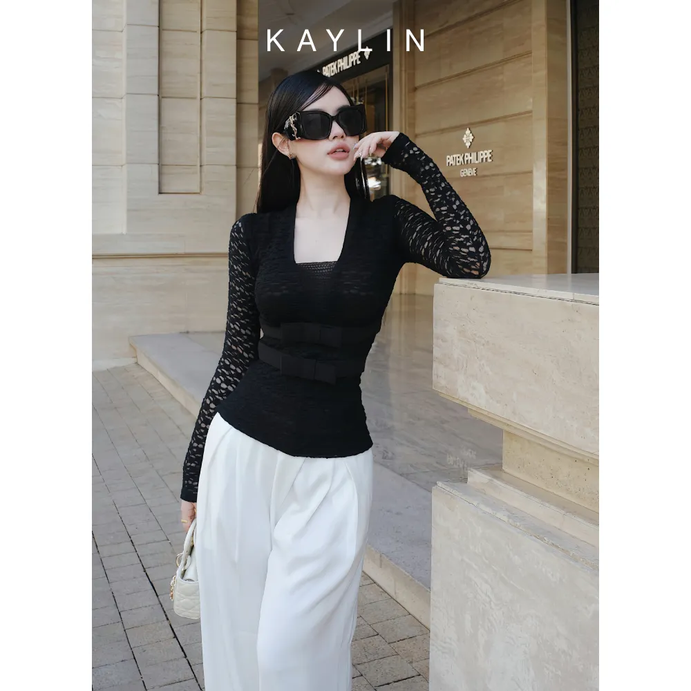 Ảnh Áo kiểu KAYLIN tay dài phối ren họa tiết hoa mai chất vải thun ren co giản phong cách - N2438 2