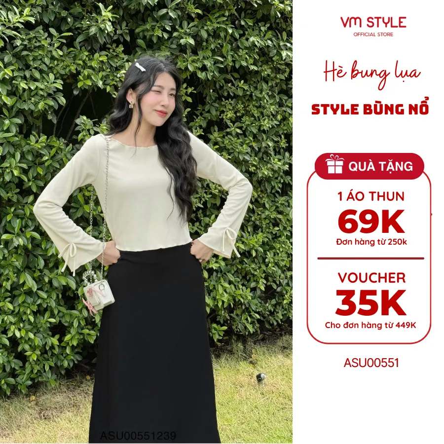 Ảnh Áo kiểu nữ tay dài VMSTYLE dáng ôm tay loe nơ trơn nhiều màu basic, đi học, đi làm, đi chơi ASU00551 1