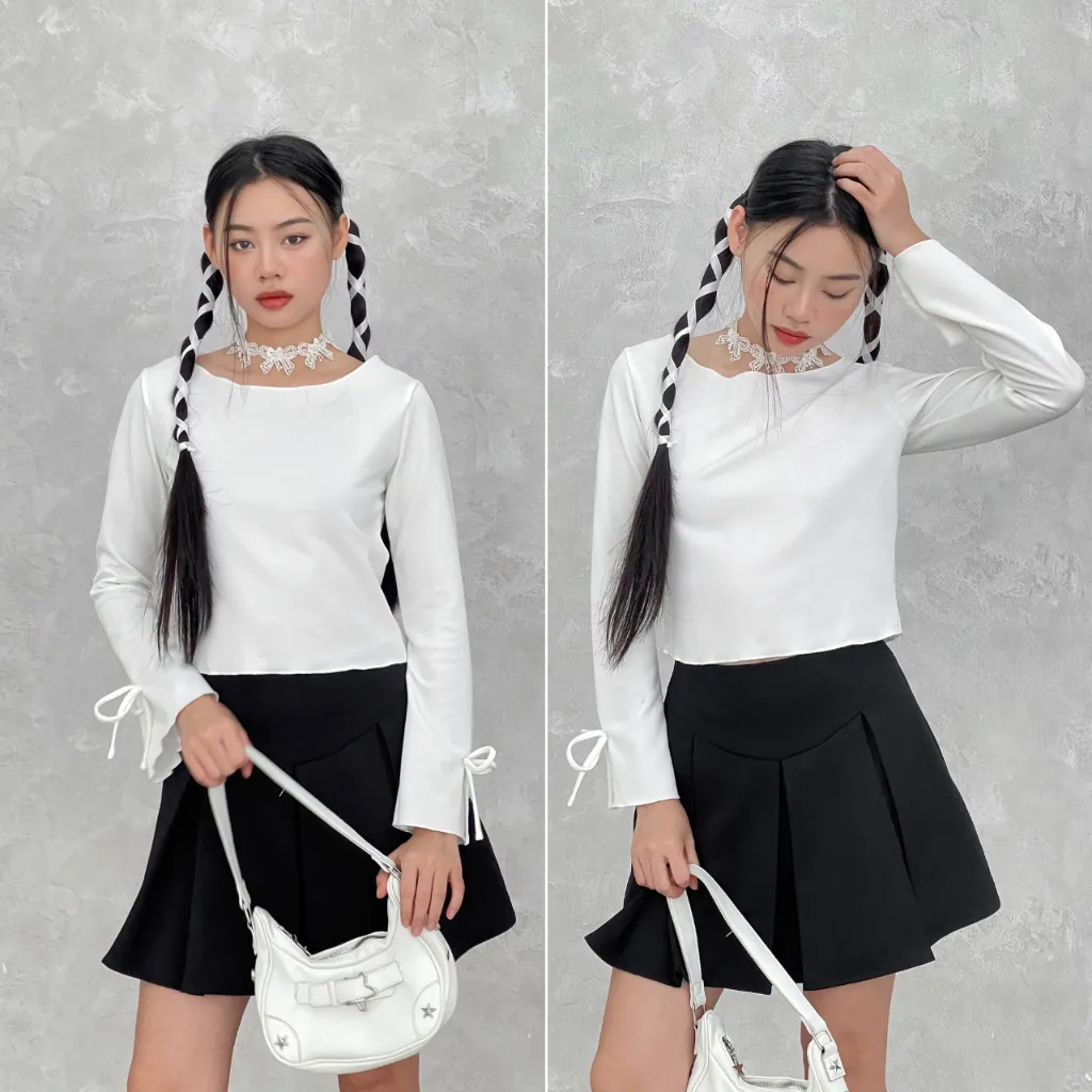 Ảnh Áo kiểu nữ tay dài VMSTYLE dáng ôm tay loe nơ trơn nhiều màu basic, đi học, đi làm, đi chơi ASU00551 3