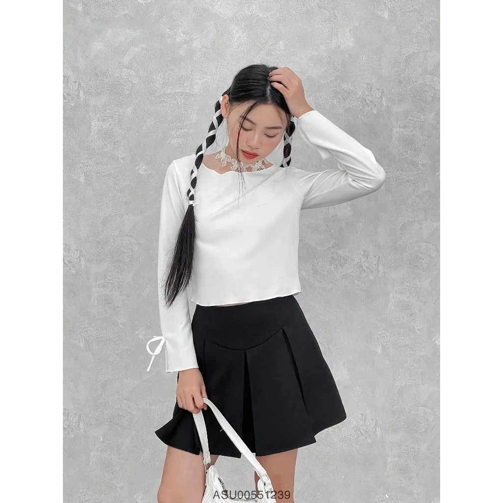 Ảnh Áo kiểu nữ tay dài VMSTYLE dáng ôm tay loe nơ trơn nhiều màu basic, đi học, đi làm, đi chơi ASU00551 4