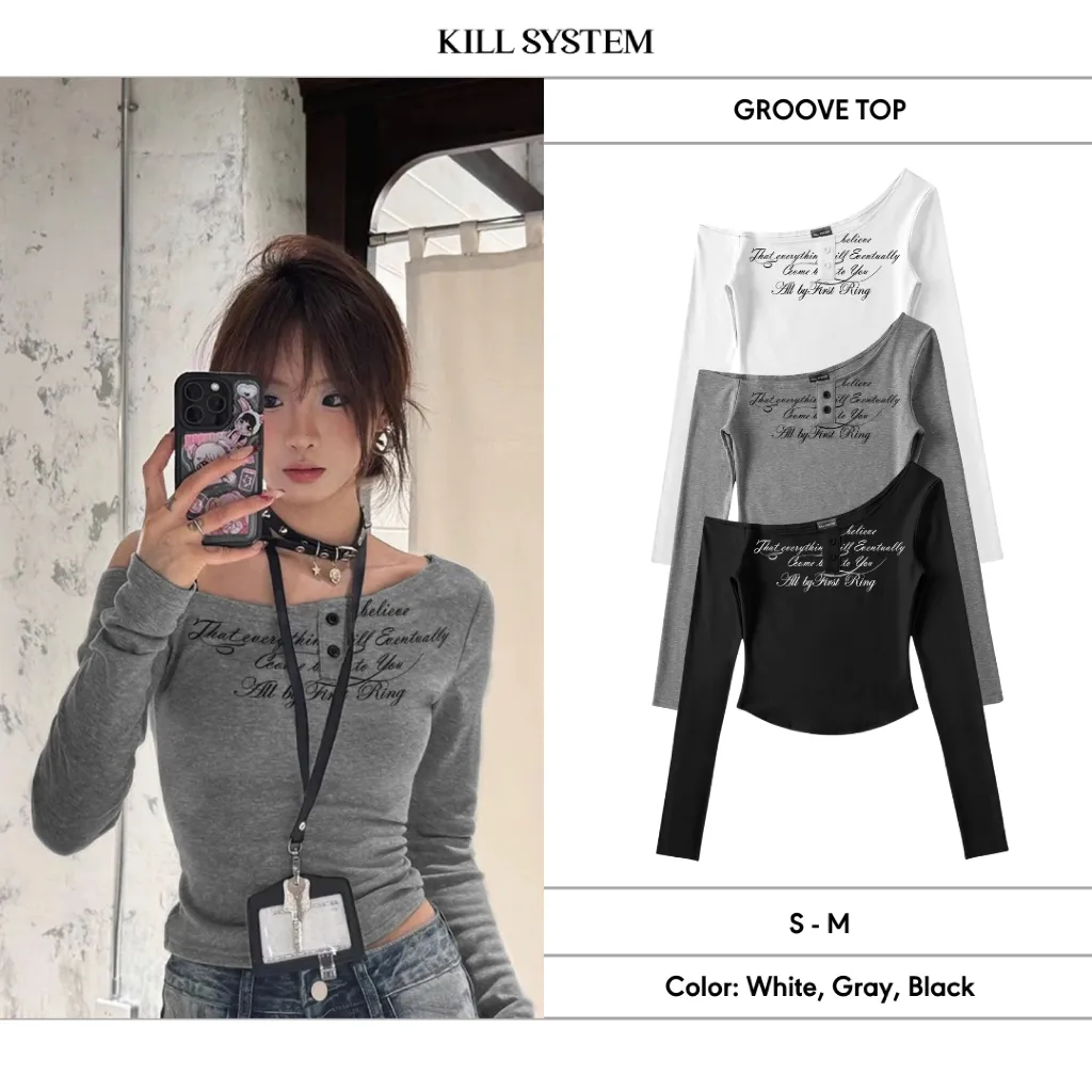Ảnh 𝐊𝐈𝐋𝐋 𝐒𝐘𝐒𝐓𝐄𝐌 Áo lệch vai dài tay cài nút co giãn ôm body tôn dáng in chữ cá tính 𝐆𝐑𝐎𝐎𝐕𝐄 1