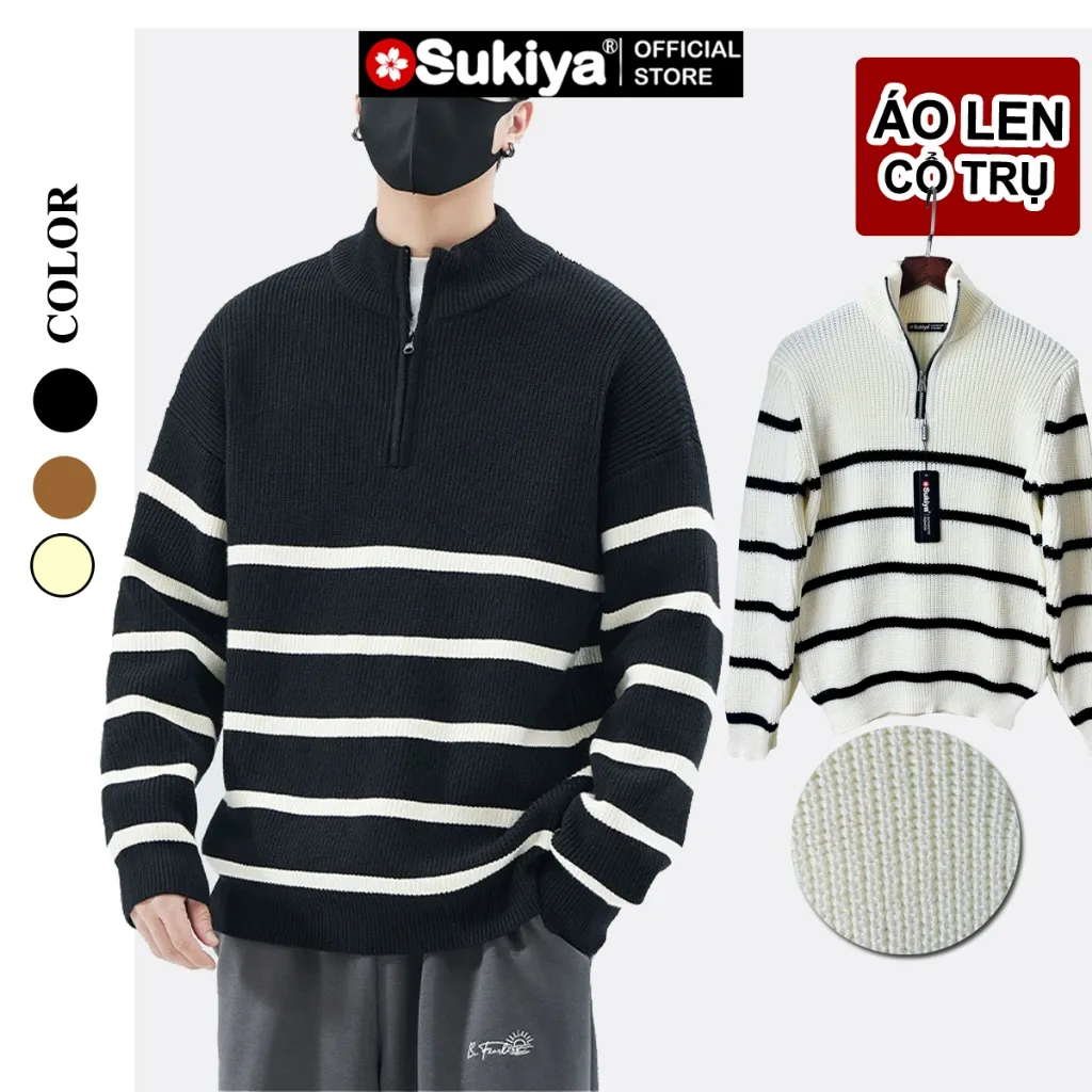 Ảnh Áo Len Nam Nữ Cổ Trụ SUKIYA Kéo Khóa Họa Tiết kẻ Sọc Form Rộng Phong Cách Hàn Quốc  AL81 3