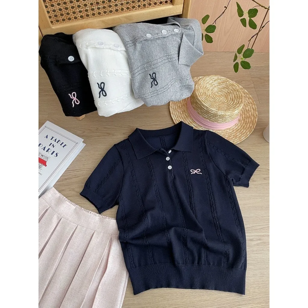 Ảnh Áo len nữ mỏng ngắn tay vặn thừng cổ bẻ phối cúc thêu nơ form vừa tôn dáng chất len mềm hàng thiết kế 1