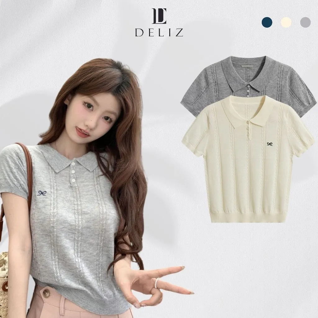 Ảnh Áo len nữ mỏng ngắn tay vặn thừng cổ bẻ phối cúc thêu nơ form vừa tôn dáng chất len mềm hàng thiết kế 4