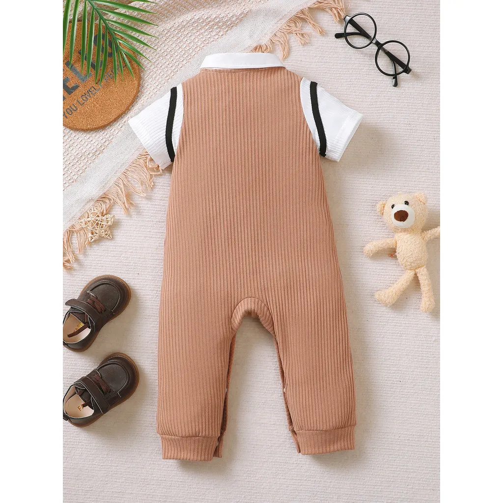 Ảnh Áo liền quần mùa hè Dapper cho bé trai 1-18 tháng: Bộ đồ liền thân ngắn tay phong cách 2 trong 1 có dây buộc nơ & thêu gấu hoạt hình – Họa tiết gân & đóng cửa 1