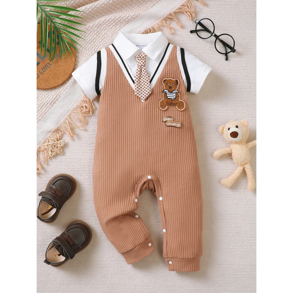Ảnh Áo liền quần mùa hè Dapper cho bé trai 1-18 tháng: Bộ đồ liền thân ngắn tay phong cách 2 trong 1 có dây buộc nơ & thêu gấu hoạt hình – Họa tiết gân & đóng cửa 3