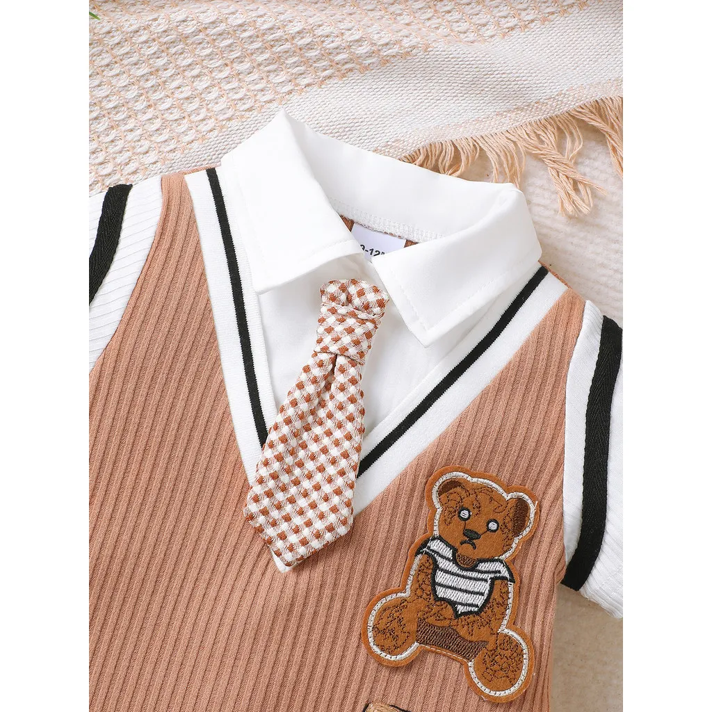 Ảnh Áo liền quần mùa hè Dapper cho bé trai 1-18 tháng: Bộ đồ liền thân ngắn tay phong cách 2 trong 1 có dây buộc nơ & thêu gấu hoạt hình – Họa tiết gân & đóng cửa 4