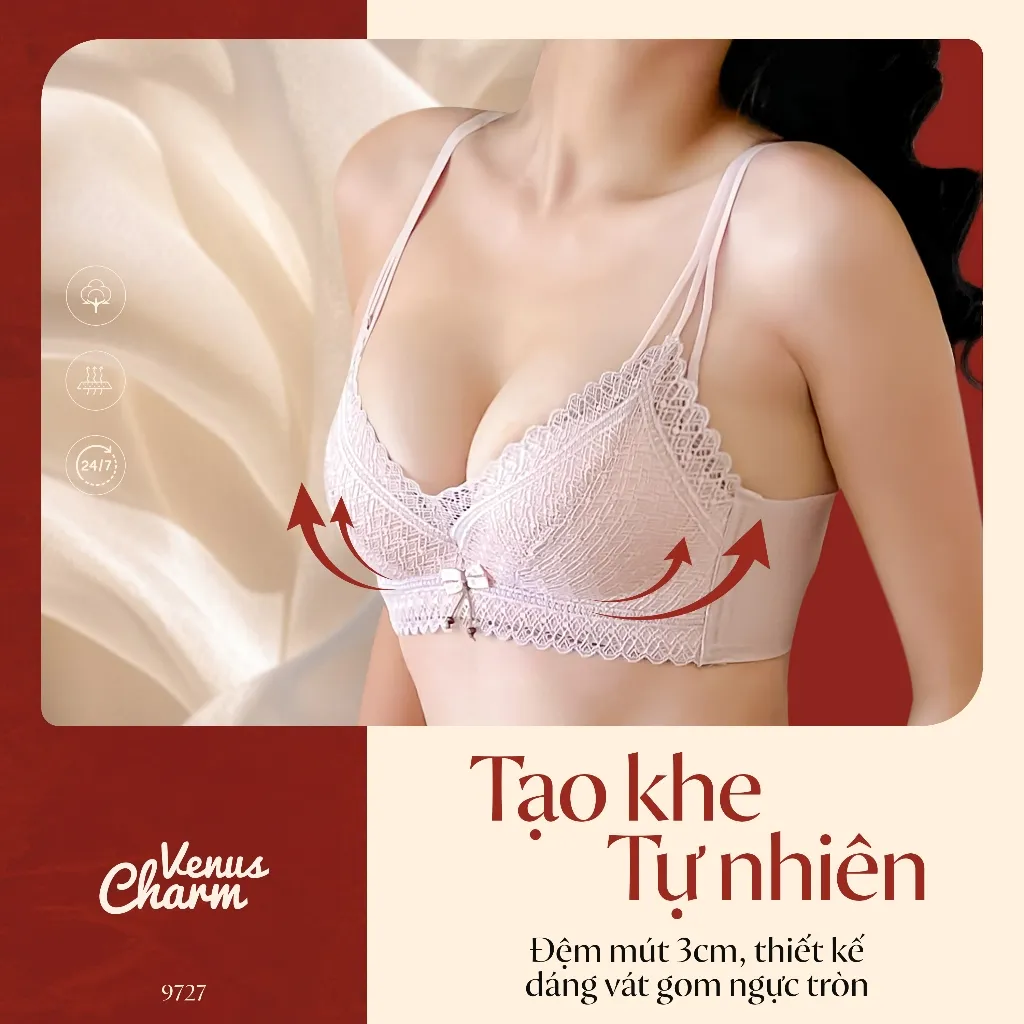 Ảnh Áo lót nữ không gọng nâng đẩy tự nhiên đệm dày 3cm họa tiết ren mịn Venus Charm 9727 2