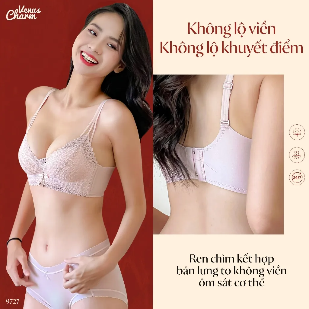Ảnh Áo lót nữ không gọng nâng đẩy tự nhiên đệm dày 3cm họa tiết ren mịn Venus Charm 9727 3