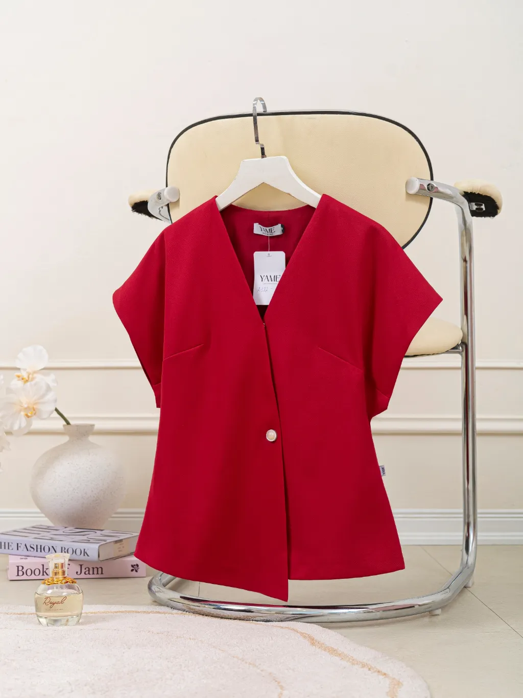 Ảnh Áo nữ dáng peplum cổ V vạt lệch tay chờm vai nhiều màu đính cúc ngọc YAME AA182 2