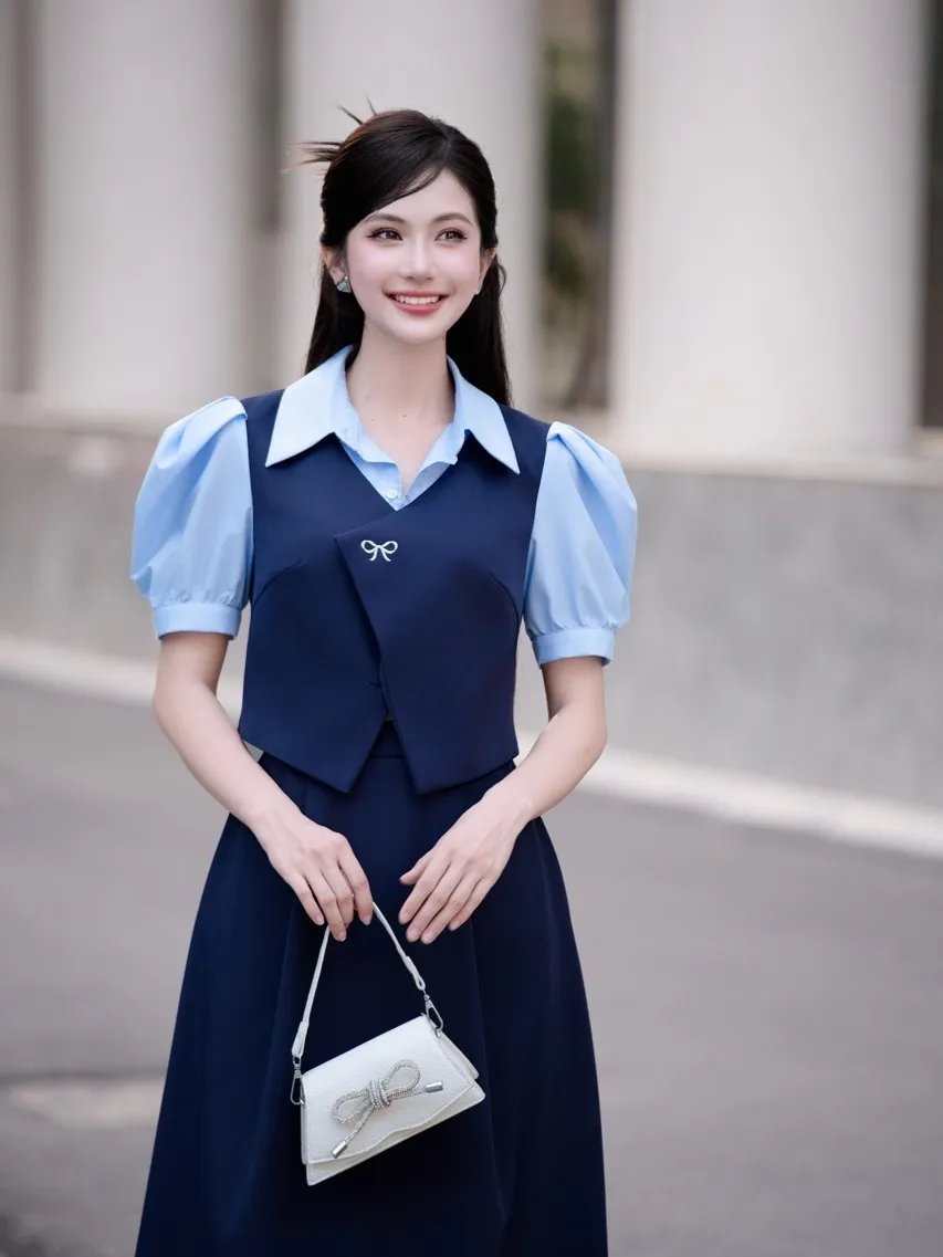 Ảnh Áo nữ dáng phối yếm màu xanh ngắn tay vạt chéo thêu nơ cổ sơ mi YAME YA431 1