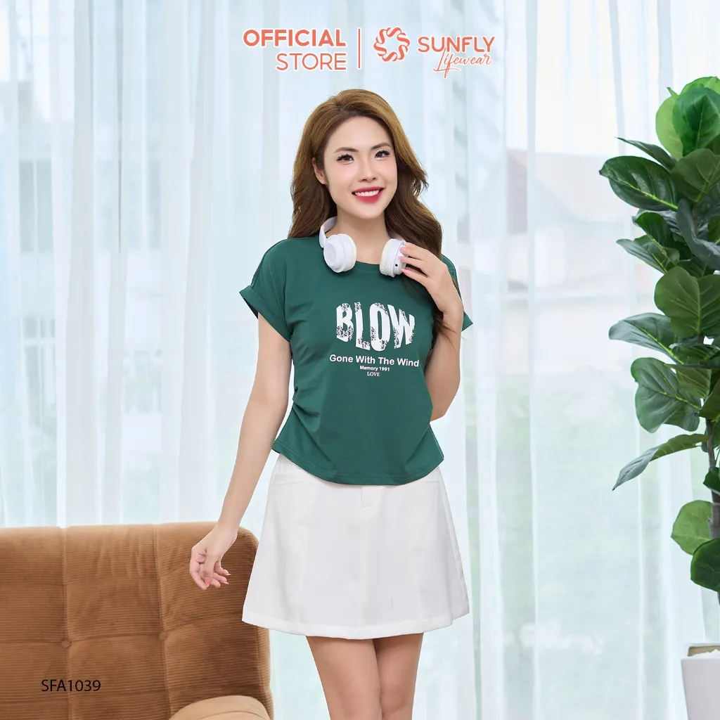 Ảnh Áo phông nữ SUNFLY chất cotton compact dáng xếp ly eo cộc tay SFA1039 4