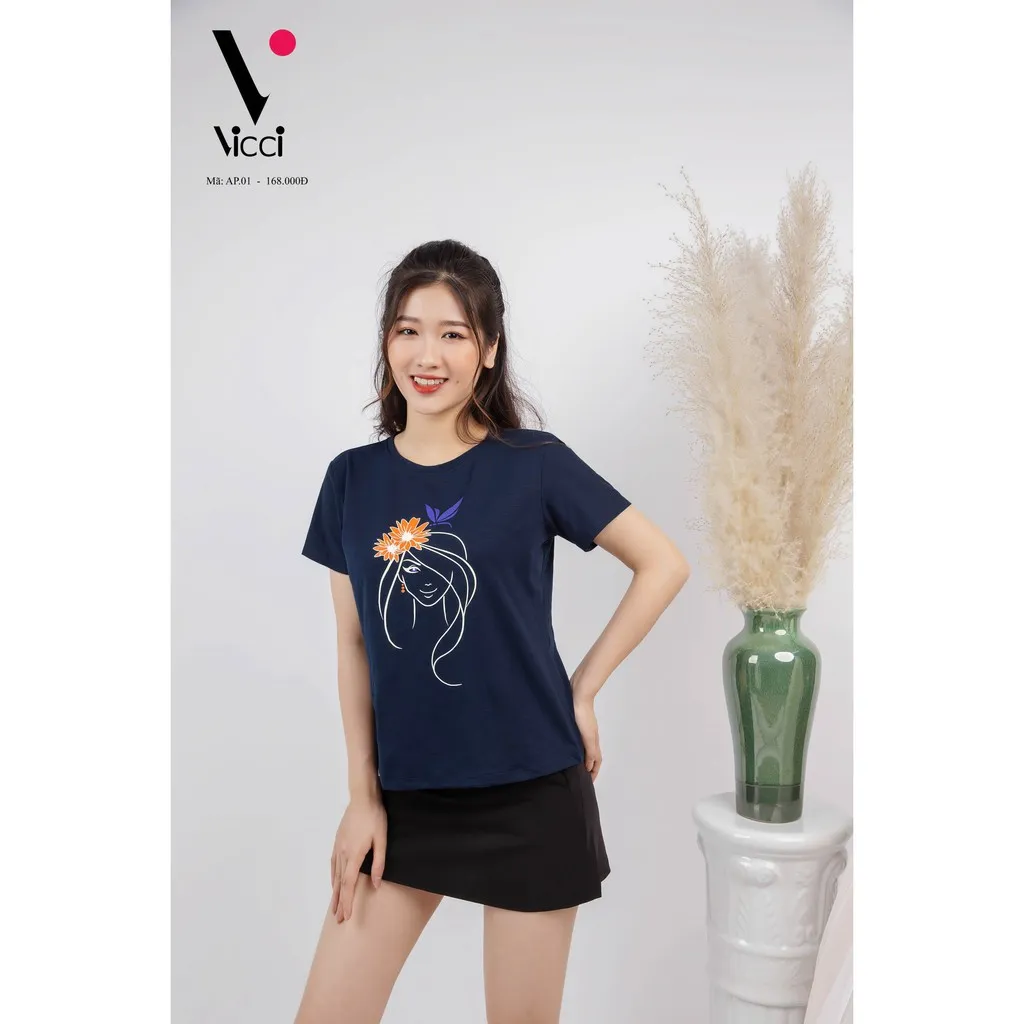 Ảnh Áo phông nữ Vicci AP.01 chất liệu cotton vân gỗ nhiều họa tiết 1