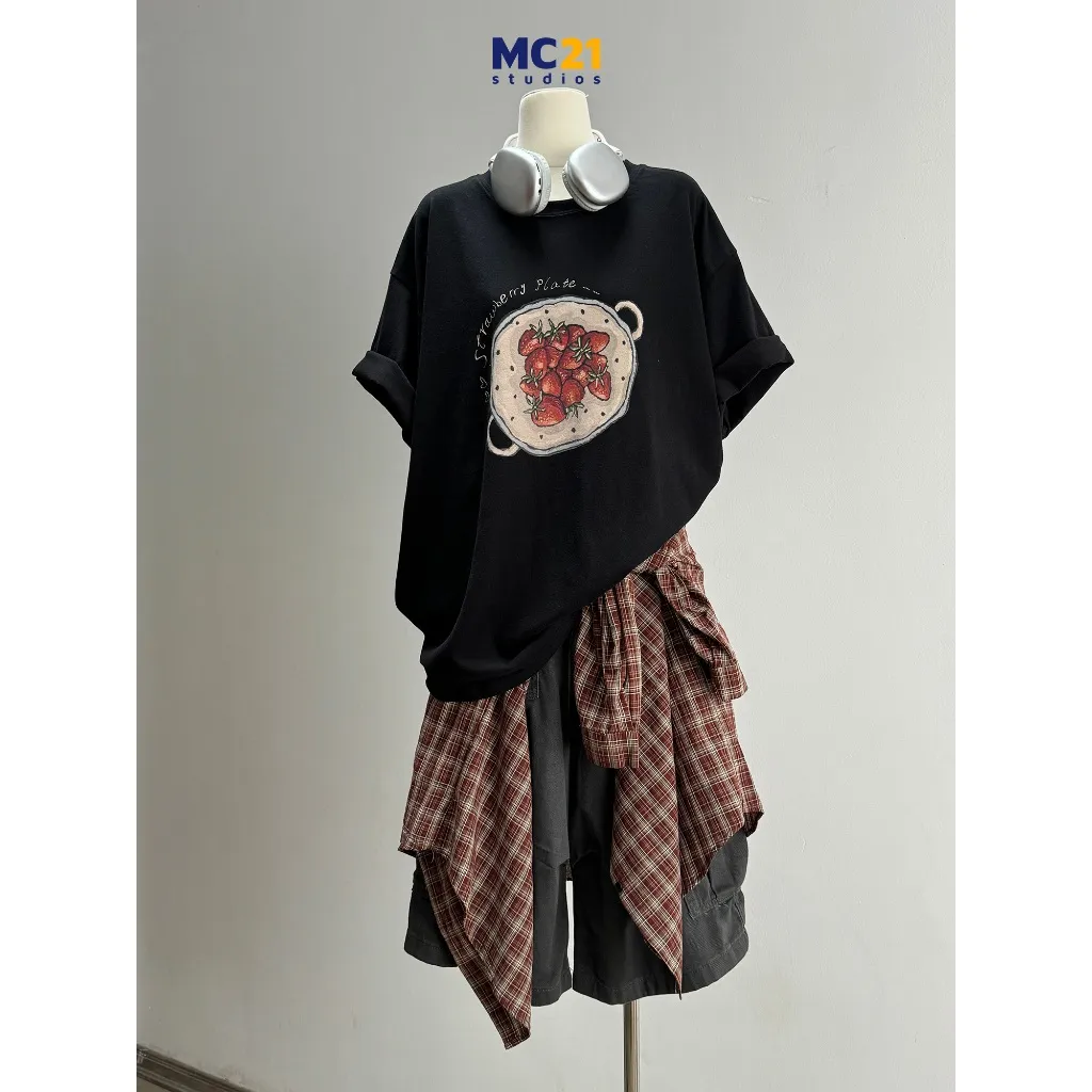 Ảnh Áo phông oversize tay lỡ hình đĩa bánh dâu tây chất cotton xịn dày MC21.studios a4341 2