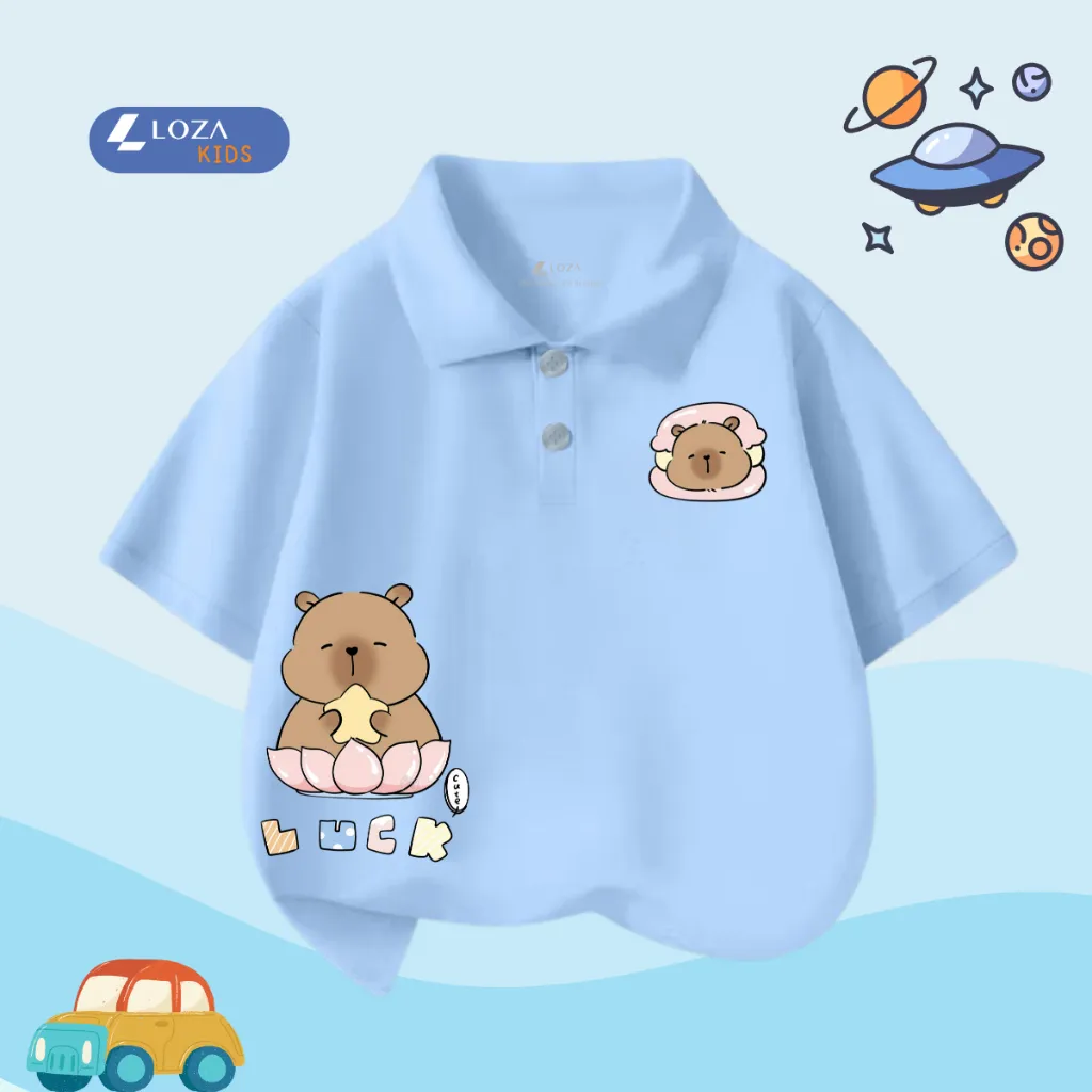 Ảnh Áo polo bé trai in hình Capy nhiều màu chất cotton 4 chiều  - Áo thun có cổ cho bé Loza Kids PL3097 1