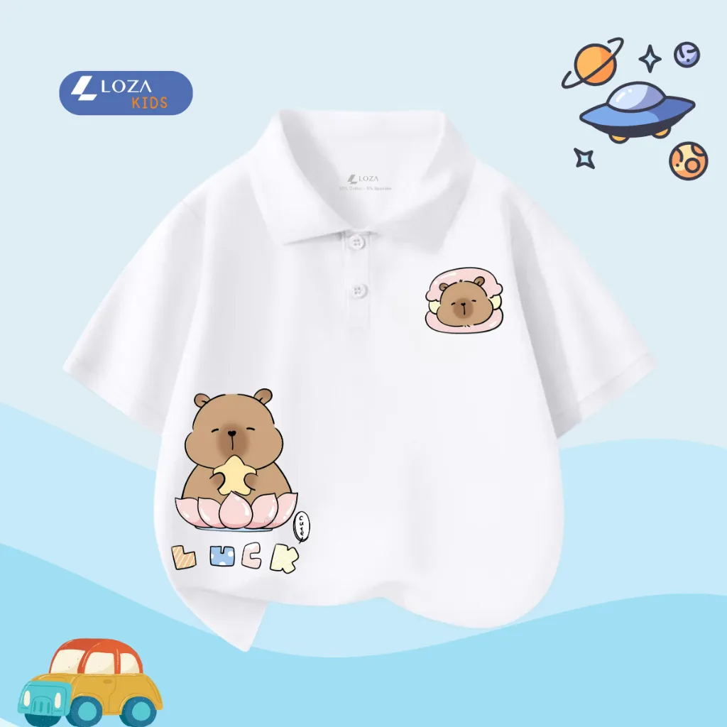 Ảnh Áo polo bé trai in hình Capy nhiều màu chất cotton 4 chiều  - Áo thun có cổ cho bé Loza Kids PL3097 2