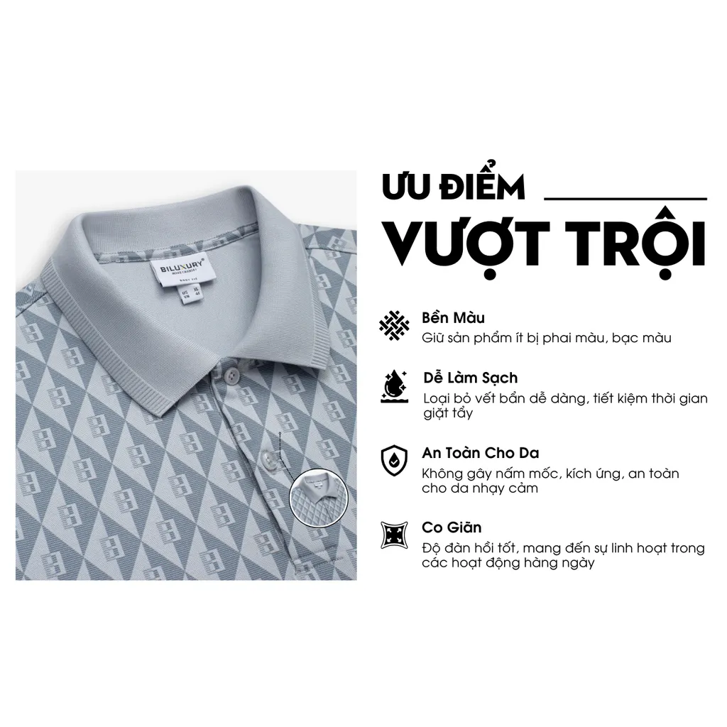 Ảnh Áo Polo Ghi Xám 9APCH597GHS Biluxury Phối Hoạ Tiết Kháng Khuẩn Chống Nhăn Bền Màu 3
