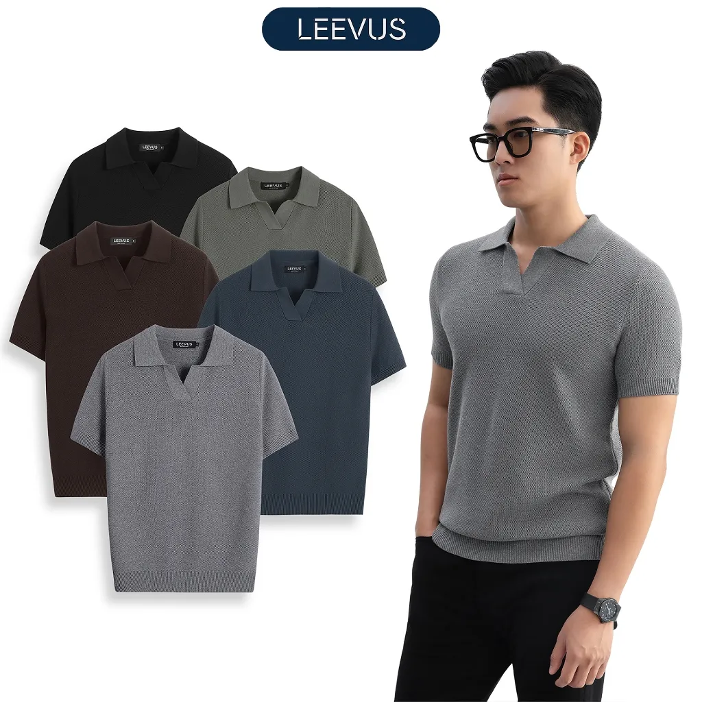 Ảnh Áo polo LEN DỆT KIM nam V-neck Knit vải dệt tổ ong phối màu neutral thanh lịch LEEVUS APL335 1