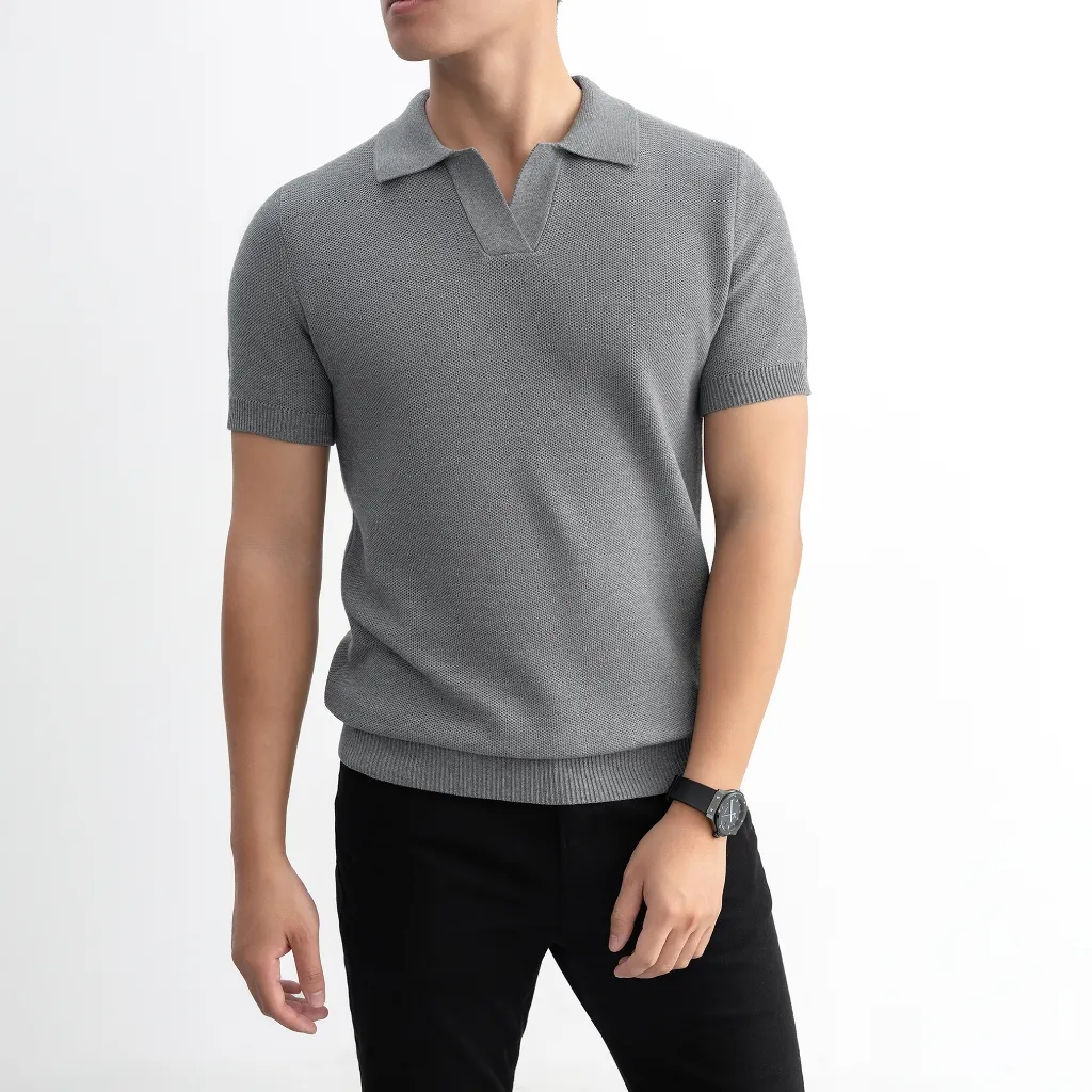 Ảnh Áo polo LEN DỆT KIM nam V-neck Knit vải dệt tổ ong phối màu neutral thanh lịch LEEVUS APL335 4
