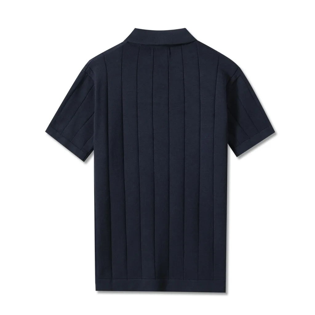 Ảnh Áo polo LEN DỆT KIM STRIPED KNIT xanh navy cao cấp, kiểu dáng classic Hàn Quốc sang trọng - LEEVUS APL331 2
