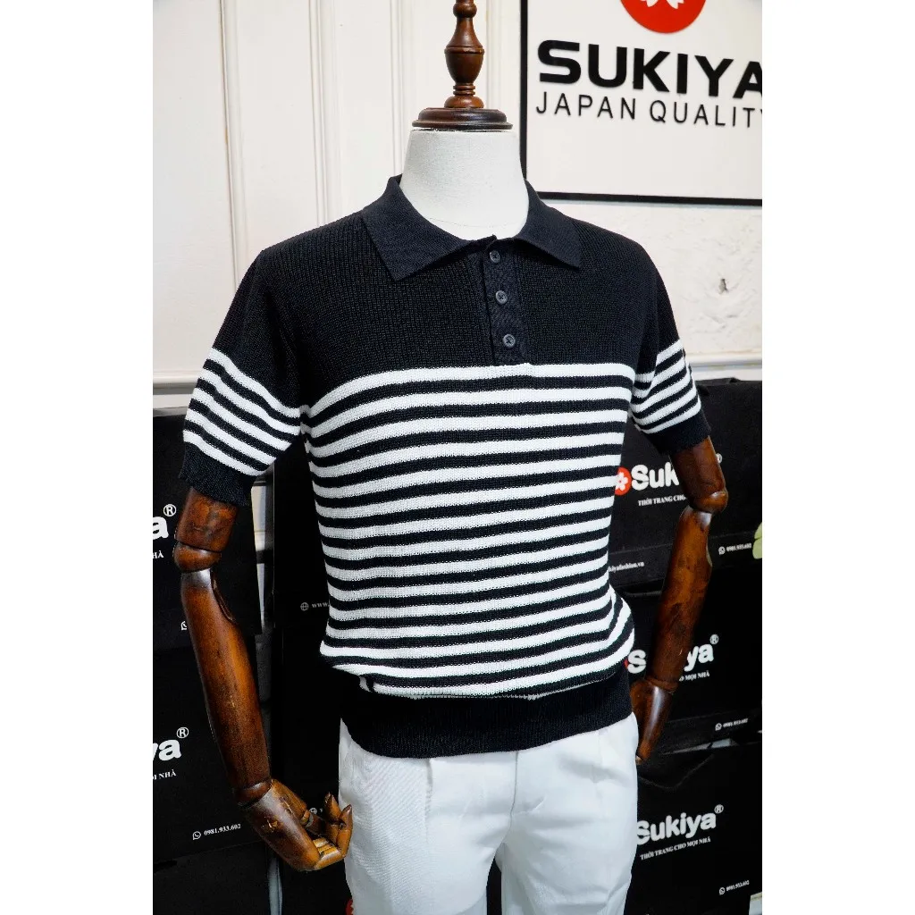 Ảnh Áo Polo Len Dệt Kim SUKIYA Chất Sợi Dệt Cotton Cao Cấp Thoáng Mát, Kiểu Dáng Polo Lịch Sự Phối Kẻ AL108 3