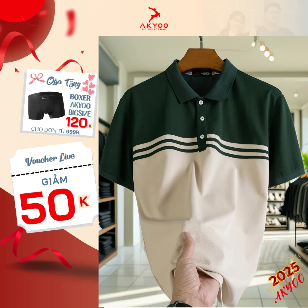Ảnh Áo POLO Nam Bigsize 80-140KG AKYOO Cao Cấp Cotton Co Giãn, Thâm Hút Mồ Hôi- PL XANH GHI 1