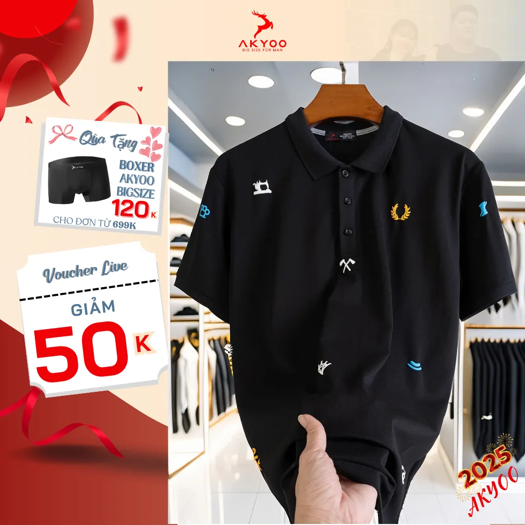 Ảnh Áo POLO Nam Bigsize 80-140KG AKYOO Cao Cấp Cotton Co Giãn, Thâm Hút Mồ Hôi, Áo Polo Ngoại Cỡ - PL DEN HINH 1