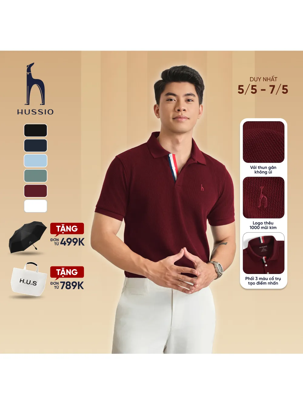 Ảnh Áo POLO nam BUGATI vải đàn hồi tự nhiên KHÔNG ỦI, co dãn tốt, chống nhăn, che khuyết điểm - HUSSIO 1