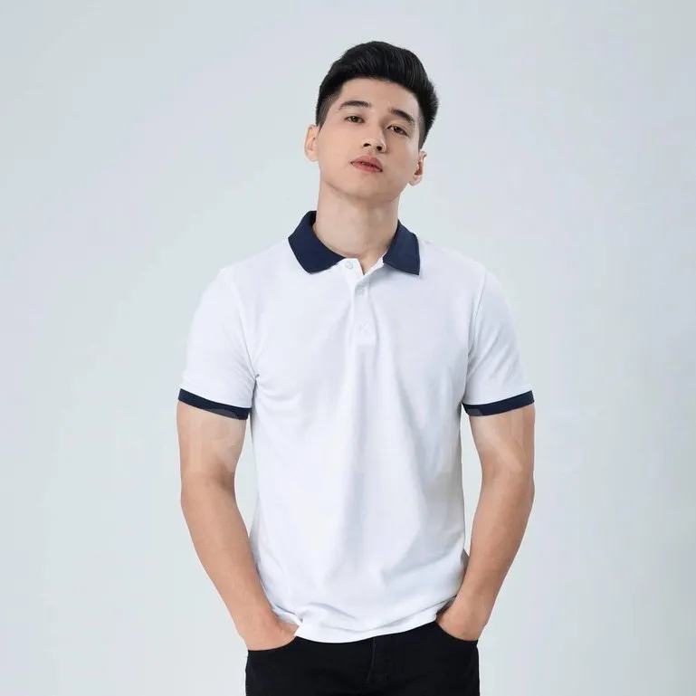 Ảnh Áo Polo Nam Cổ Bẻ Màu Trắng Phối Bo Xanh Đen Vải Cotton Cá Xấu Thương Hiệu MrTwins® 1