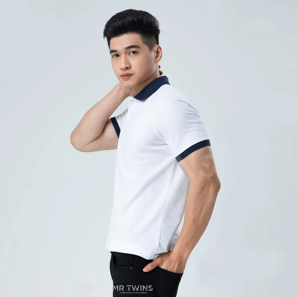 Ảnh Áo Polo Nam Cổ Bẻ Màu Trắng Phối Bo Xanh Đen Vải Cotton Cá Xấu Thương Hiệu MrTwins® 4
