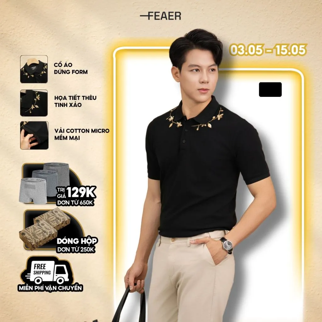 Ảnh Áo polo nam cổ bẻ Midnight, chất vải Cotton Micro, thấm hút tốt, hoa văn thêu hoa, nam tính - FEAER 1