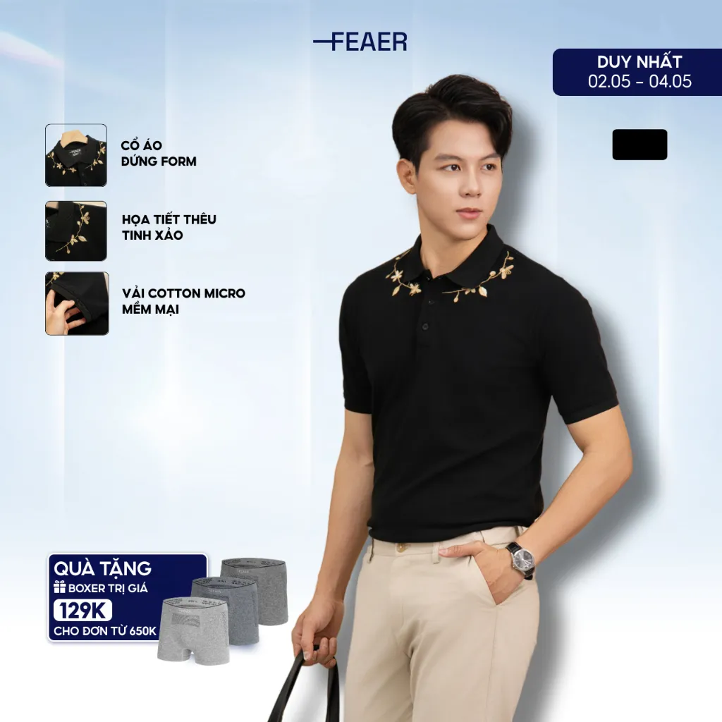 Ảnh Áo polo nam cổ bẻ Midnight, chất vải Cotton Micro, thấm hút tốt, hoa văn thêu hoa, nam tính - FEAER 2