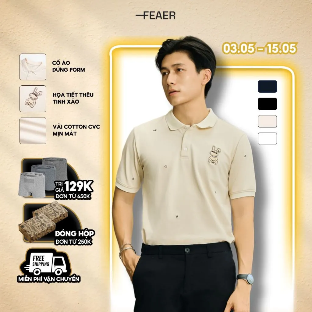 Ảnh Áo Polo Nam Cổ Bẻ Rabbit  thêu hoạ tiết thỏ , chất cotton CVC thoáng mát, kiểu dáng trẻ trung, thanh lịch - FEAER 1