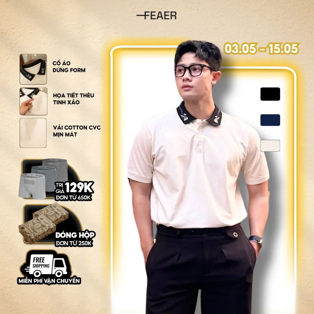 Ảnh Áo polo nam có cổ Bunny Pair,vải CVC cao cấp thoáng mát, cổ thêu hình thỏ mới lạ, sang trọng - FEAER 1